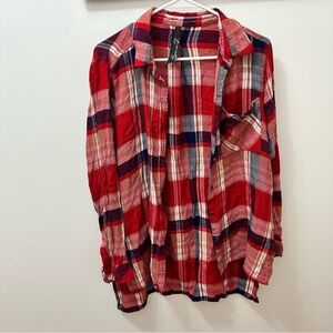 Seven7 Shirt Women large Red Button Up Plaid Pockets Cotton Long Sleeve Preppy